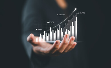 Aufkleber - Businessman touching virtual screen and data statistical index graph, stock market data and stock exchange concept, stock market financial analysis graph.