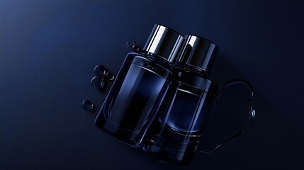 Poster - two elegant dark glass fragrance bottles on a smooth blue surface with drops of liquid glistening ar