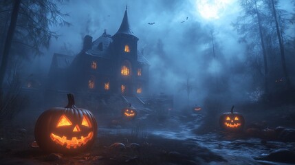 Background for Halloween with a haunted mansion and glowing jack-o'-lanterns on a dark, misty forest backdrop, eerie atmosphere with fog, space for text overlay.