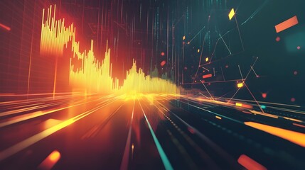 Poster - Futuristic visual concept showcasing the dynamic movements of the market with abstract geometric shapes rising and falling arrows and a minimalist digital design aesthetic