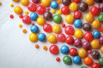 Wall Mural - Colorful Assorted Candies Scattered on White Background with Vibrant, Eye-Catching Hues