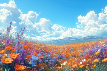 Wall Mural - Colorful Meadow with Purple Phacelia, Orange Calendula, and Wild Chamomile - Perfect Wall Art