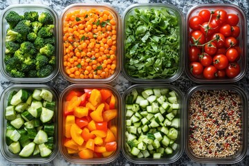 Wall Mural - Colorful Meal Prep Containers: Perfect for Fresh Vegetables, Grains, and Nutritious Diet Planning