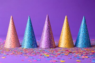 Canvas Print - Vibrant Colorful Party Hats Against a Purple Background with Bright Confetti for a Festive Celebra