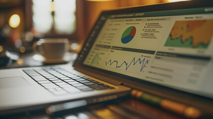 Poster - a laptop is open to a screen displaying a graph. the laptop is on a table with a cup of coffee nearb