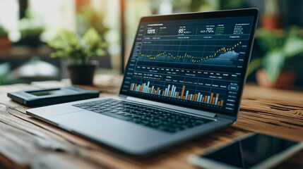 Poster - A laptop is open to a screen displaying financial data. The laptop is on a wooden table with a potted plant in the background