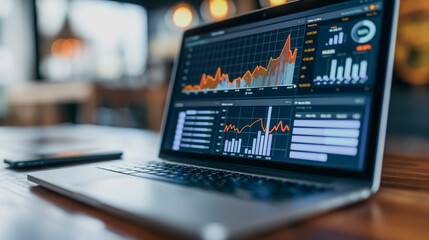 Poster - a laptop is open to a screen displaying a graph of stock prices. the laptop is placed on a wooden ta