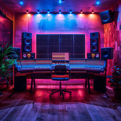 Modern music studio with soundproof walls bright lights and comfortable equipment. 