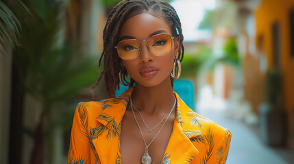 Wall Mural - A woman wearing a yellow dress and glasses is standing in front of a green plant. She has a necklace and earrings on