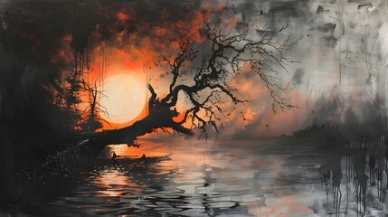 Canvas Print - Silhouetted Tree by a Lake at Sunset.