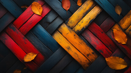 Poster - A colorful piece of art with a red, yellow, and blue pattern. The leaves are scattered throughout the piece, adding a natural touch to the design. Scene is vibrant and lively, with the colors