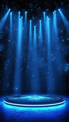 Futuristic blue stage with spotlight and digital elements in a starry night background