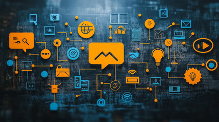 Poster - A colorful image of a network of technology icons, including a light bulb and a microphone, with the word 