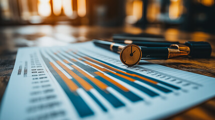 Poster - A pen and a clock are on a piece of paper with a graph. The graph is filled with lines and numbers, and the pen and clock are placed on top of it. Concept of time and progress