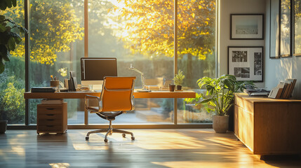 Poster - A modern office with a large window and a brown chair. The chair is facing the window and has a computer monitor on it. The room is well-lit and has a comfortable atmosphere