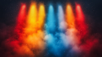 Sticker - A colorful smokey background with a rainbow of lights. The lights are in different colors and are arranged in a row. The background is filled with smoke and the lights are shining brightly