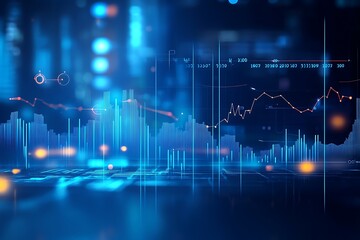 dark-themed futuristic financial data analysis image with glowing line graphs and charts, blurred ba