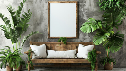 Wall Mural - a blank mockup poster frame on a rustic wooden bench with tropical plants on the wall