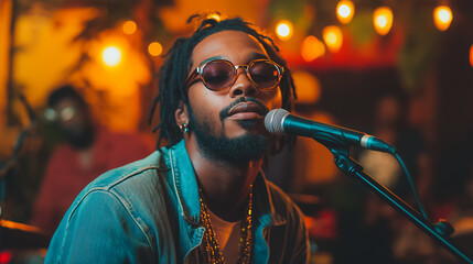 Poster - A man with dreadlocks singing into a microphone. The man is wearing sunglasses and a blue jacket