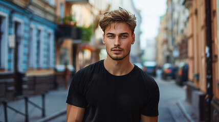 Wall Mural - A handsome man wearing a black blank t-shirt standing on the street