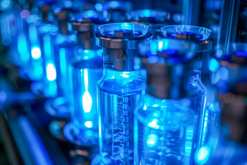 Laboratory glassware with blue light background, science research and development concept.