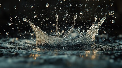 Poster - water droplets create a splash on a dark surface during a rain shower