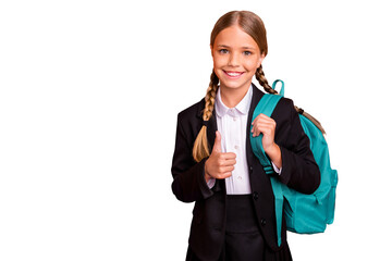 Poster - Close up photo beautiful she her little lady funky funny hairdo hand arm thumb raised up approval quality news wear formalwear shirt blazer skirt school form bag isolated bright orange background