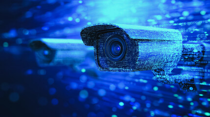  - Two computer generated cameras are shown in a blue background. Concept of technology and surveillance, as the cameras are depicted as being part of a larger system
