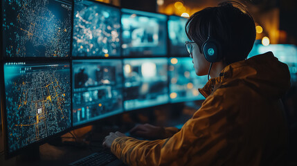 A man in a yellow jacket is sitting in front of a computer monitor with multiple screens. He is wearing headphones and he is focused on the screens. Concept of concentration and productivity