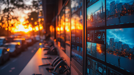 Poster - A wall of monitors with a sunset in the background. The monitors are displaying images of people and buildings