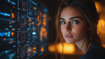 Poster - A woman is staring at a computer monitor with a lot of numbers and symbols on it. She has a serious expression on her face