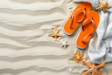 Summer background with starfish and flip flops on sand