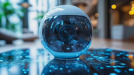 Poster - A blue and white ball with a camera lens on it. Concept of technology and innovation