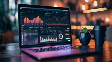 Wall Mural - A laptop is open to a screen displaying a graph with a lot of numbers. The laptop is on a table with a cup of coffee next to it. Scene is focused and serious