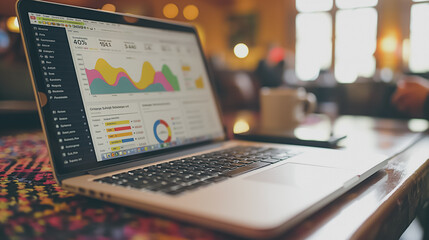 Poster - A laptop is open to a screen displaying a graph. The laptop is on a table in a cafe