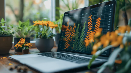 Poster - A laptop is open on a table with a few potted plants in the background. The plants are yellow and orange, and the laptop screen is displaying a graph. Concept of productivity and focus