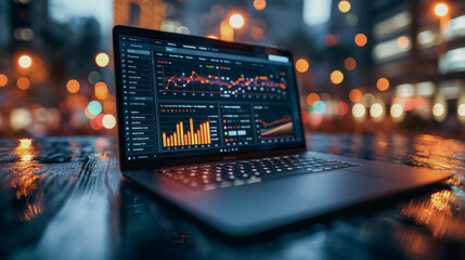 Wall Mural - A laptop displaying a graph of stock market data. The image has a moody, almost surreal feel to it, as if the data is being projected onto the screen in a dreamlike state