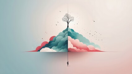 Abstract tree in the clouds. Paper art style.