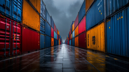 Colorful Shipping Containers in Rainy Industrial Port