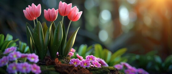 Vibrant pink tulips bloom gracefully amidst lush greenery, symbolizing beauty and renewal in a peaceful garden setting.