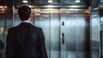 A businessman in a suit standing in front of elevator