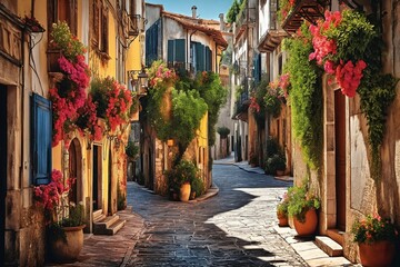 Flower-Bedecked Street in Europe