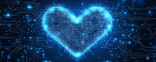 Poster - Heart-shaped circuit board glowing in blue with digital lines in the background
