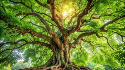 Ancient tree with twisted bark and lush green leaves , old, tree, ancient, nature, environment, trunk, branches, foliage, texture