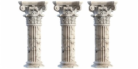 Greek Column. Three Classic Orders: Doric, Ionic, Corinthian. Isolated Stone Pillars in Marble