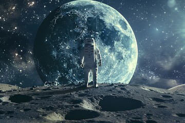 an astronaut stands on a cratered, gray planet surface under a giant, glowing blue moon in a dark st