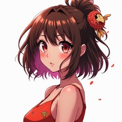short-haired anime girl with lively brown colors on a white background, excellent for digital prints