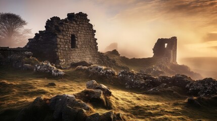 Wall Mural - Ruined castle walls enveloped in golden hour mist