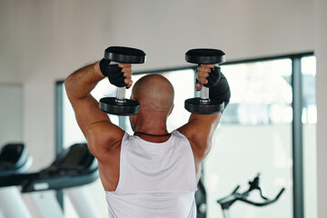 Rear view of muscular man lifting dumbbells in fitness club