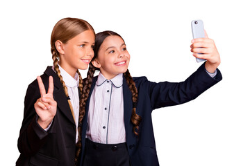 Sticker - Close up side profile photo beautiful she her little sisters lady hand arm v-sign symbol telephone make take selfies wear formalwear shirt blazer school form bag isolated bright orange background